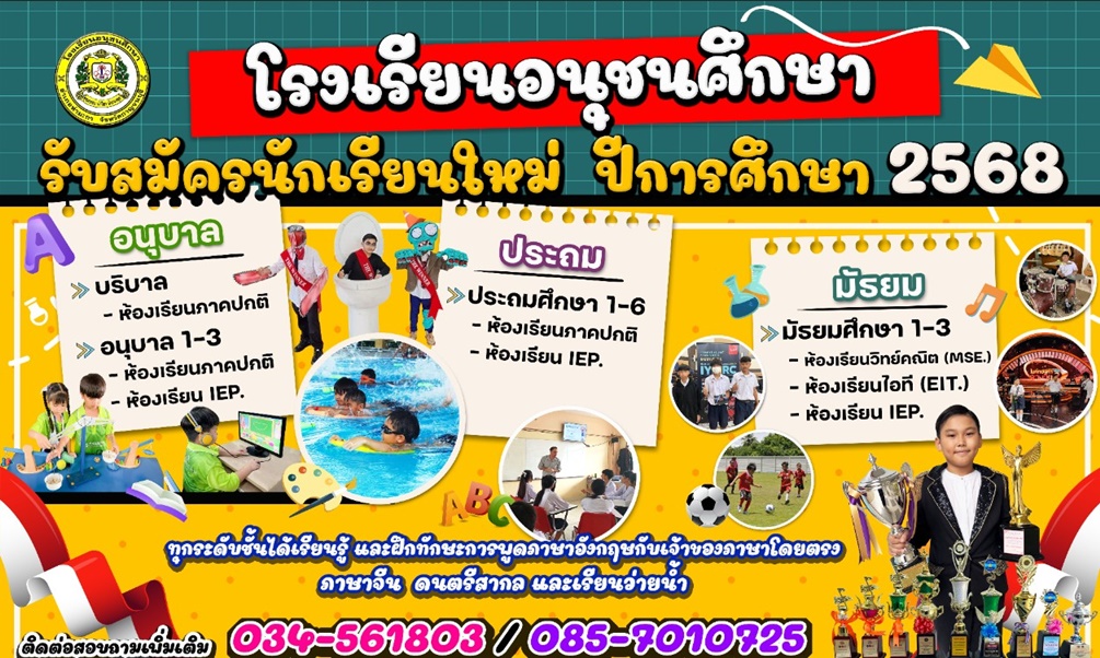 โรงเรียนอนุชนศึกษา : http://www.anuchon.ac.th โทร 034-561803